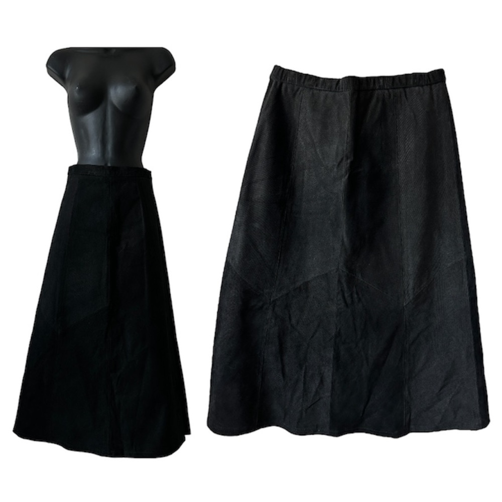 Vintage Black Genuine Leather A-Line Ribbed Maxi Skirt Size 12